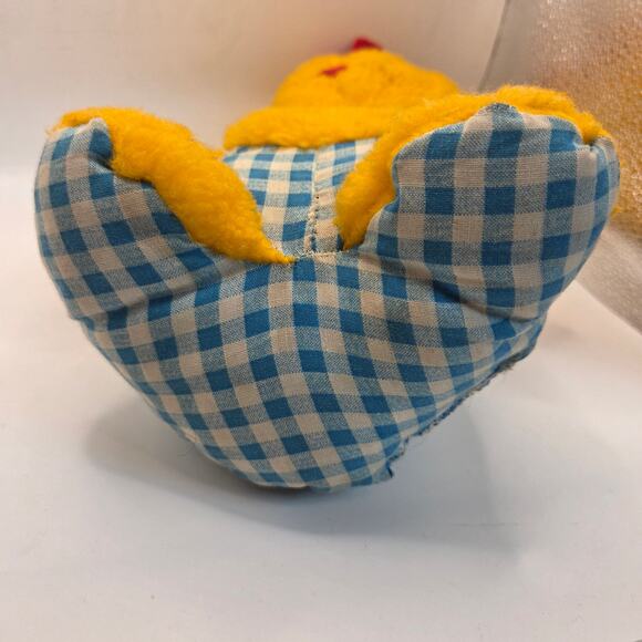 Vintage 1980s Plush Chick Yellow Stuffed Animal in Blue Gingham Romper Haiti - Picture 6 of 13